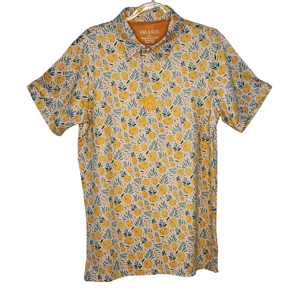 Pins & Aces Golf Polo S Yellow Pineapple Print Performance Golfcore Athleisure